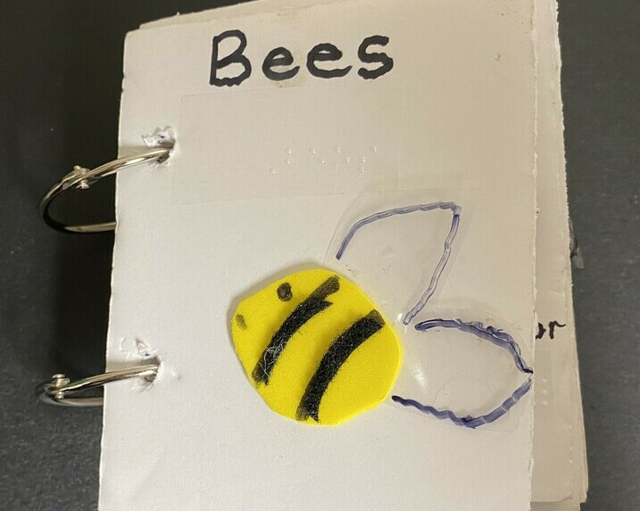 The word Bees is at the top written in black felt pen and also in braille underneath. There is tactile bee on the front made of yellow felt with black stripes for the body and crinkly clear mylar plastic for the wings.