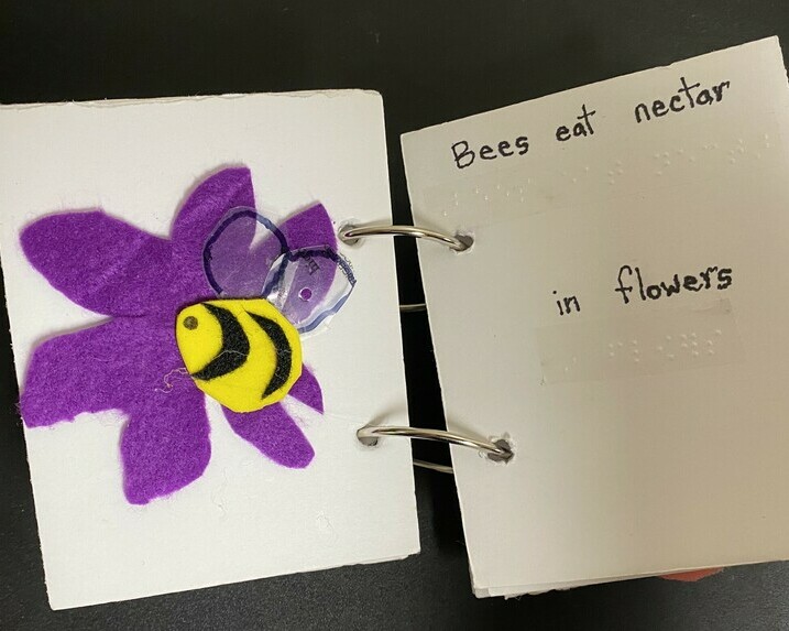 The left page has a felt bee in the middle of a purple fabric flower. The right page reads "Bees eat nectar in flowers" in both print and braille.